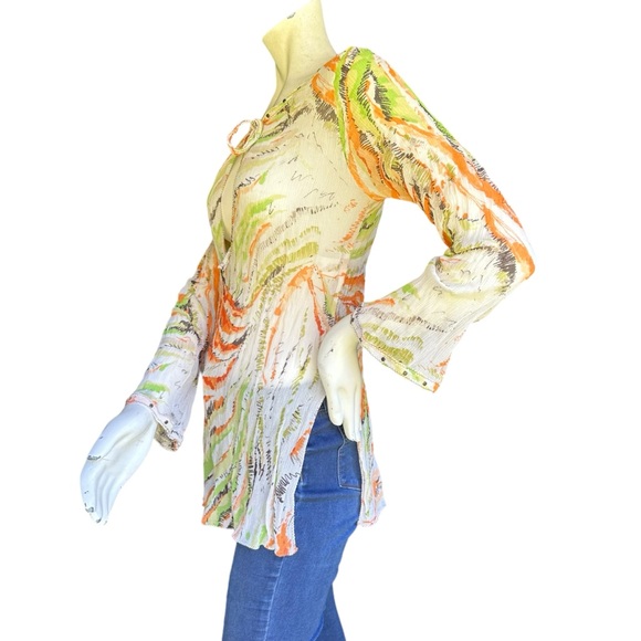 SHAN Green Cream & Orange 100% Silk Flare Sleeve Coverup Blouse Size US 12 - Picture 8 of 10